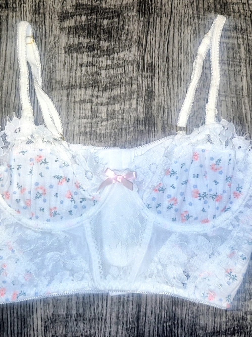 White Lace Longline Bra with Pink Floral Accents